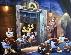 a painting of mickey mouse and other characters in front of a service elevator with luggage