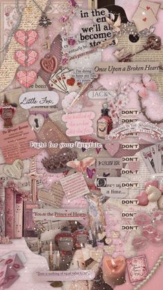 an altered collage with pink and white items on the bottom, including paper hearts