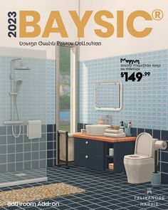 a bathroom with blue tile and white fixtures on the cover of a magazine called baysic