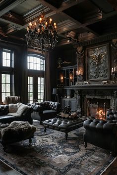 a living room filled with lots of furniture and a chandelier hanging from the ceiling