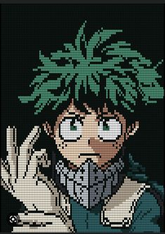 a cross stitch pattern of a girl with green hair and eyes, holding her hands out