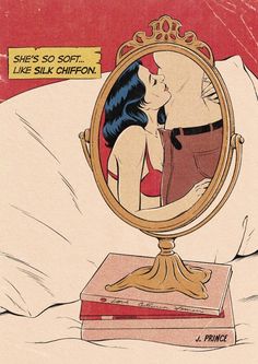 an illustration of a man kissing a woman in front of a mirror on top of a bed