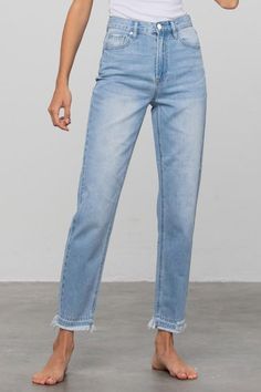 High rise fringe light wash girlfriend jeans Available in sizes 0-11 USA Denim 100% Cotton Machine Wash Cold Inside Out, Tumble Dry Low, Do Not Bleach Model is 5'9 wearing a size 3 MODEL H 5'9" W 24" H 35" B 34" Need help with sizing? Email rebecca at info@rebeccaolivia.com Light Wash Mom Jeans, Girlfriend Jeans, High Rise Mom Jeans, Medium Wash Jeans, Washed Jeans, Pair Of Pants, Light Denim, Premium Denim, Wholesale Clothing