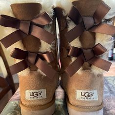 Ugg Bailey Bow Boots Size 6 And Have Only Been Wore A Couple Of Times!! Uggs Bow Boots, Bailey Bow Uggs Outfit, Bow Uggs, Uggs With Bows, Ugg Bailey Bow, Warm Winter Boots, Bailey Bow Uggs, Bow Boots, Ugg Bailey