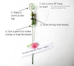 Garden Bead Sticks, Plant Stakes Diy How To Make, Bead Plant Stakes, Plant Stakes Decorative Diy, Garden Bead Art, Decorative Garden Stakes Diy, Beaded Plant Stakes Diy, Plant Sticks Diy, Beaded Fairy Garden Stakes Diy