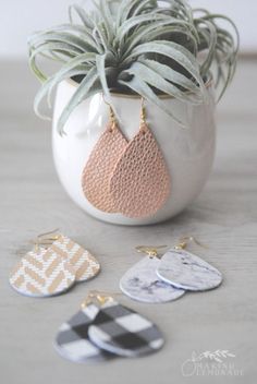 a potted plant sitting on top of a table next to some earrings and tags