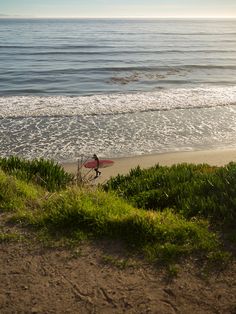 a man carrying a surfboard on top of a sandy beach next to the ocean