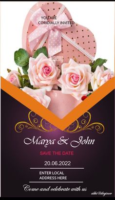 a wedding card with roses and a heart shaped box on the front, in pink