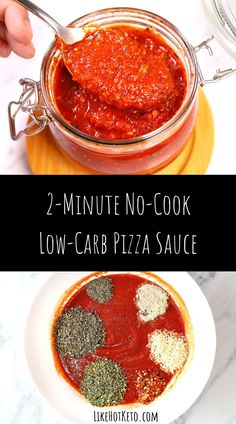 Keto tomato sauce spooned out of a mason jar. Low Carb Pizza Sauce Keto, Low Calorie Marinara Sauce, Low Salt Pizza Sauce, Pizza Sauce Recipe With Tomato Sauce, Low Carb Tomato Sauce, Low Calorie Pizza Sauce, Keto Tomato Sauce Recipe, Low Sugar Marinara Sauce, Keto Pizza Sauce Recipe