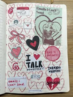 an open notebook with stickers on it and some writing in the pages that say i talk