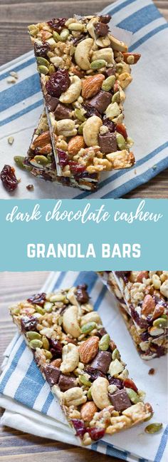 granola bars with nuts and chocolate are stacked on top of each other in the middle