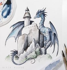 a watercolor painting of a blue dragon sitting on top of a castle