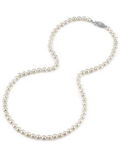 This beautiful Akoya pearl necklace ranges between 5.0-5.5mm in size and consists of all beautiful and lustrous pearls in AAA quality. All pearls in this necklace are round and are strung with silk thread and double-knotted between each pearl. This necklace comes standard with a beautiful 14K gold clasp, though premium clasps can be selected for an additional cost.Known as the 'icon' of cultured pearls, [Akoya pearls](https://www.thepearlsource.com/akoya-pearls.php) have graced the necks, ears, Akoya Pearl Necklace, White Pearl Necklace, Buy Necklace, Pearl Necklaces, Akoya Pearls, Stunning Necklace, Lovely Jewellery, Adjustable Necklace, Silk Thread