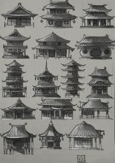 Traditional Chinese House Drawing, Chinese Building Art, Asian Building Drawing, Chinese Buildings Drawing, Japanese Houses Drawings, Asian Buildings Architecture, Japanese Inspired Architecture, Traditional Asian Architecture, Traditional Japanese House Drawing