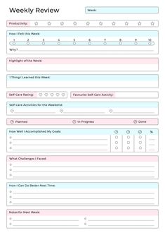 the weekly checklist is shown in pink and blue