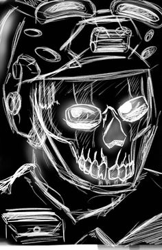 a black and white drawing of a skull wearing a helmet