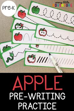 four apple pre - writing practice sheets with the words, write and wipe on them