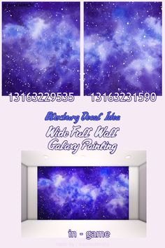 an image of the inside of a room with purple and blue galaxy wallpapers