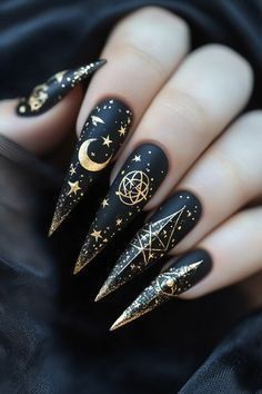 Om Nails Design, Dark Witch Nails, Alchemy Nails, Witchy Nails Acrylic, Mystical Nail Designs, Witchy Nail Art, Witchy Ideas, Magical Nails, Wicked Nails