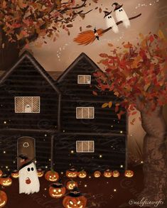 a house with pumpkins and ghost in front of it