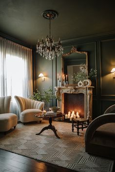 a living room filled with furniture and a chandelier hanging from the ceiling over a fire place