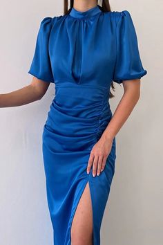 Elegant solid color pleated half high collar one step skirt for evenin – JiMiss Dresses Bleu Violet, Evening Dresses Short, Elegant Pattern, Elegant Skirt, Rock Design, Sleeve Dresses, Short Sleeve Dress, Two Piece Dress, Waist Dress