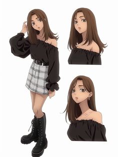 an anime character with brown hair and black boots is posing for the camera while wearing a skirt