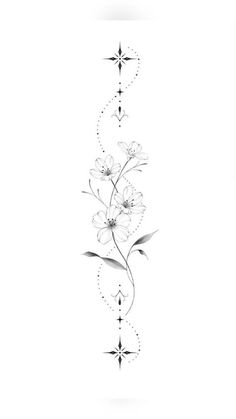 a drawing of flowers on a white background with stars in the middle and an arrow at the bottom