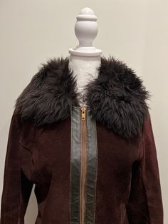 "The best 60s chocolate brown suede jacket with black shearling cuffs and collar with a leather strip that zips up the front. Zip detail on pockets Very flattering cut  Really the best jacket ever Size Medium Bust 36\" Waist 32\" Length 27\" Sleeve 24\"" Brown Fur Coat With Padded Collar For Fall, Brown Fur Coat With Zipper For Fall, Fitted Brown Leather Jacket With Faux Fur Trim, Fitted Brown Shearling Leather Jacket, Brown Suede Jacket, Heeled Chelsea Boots, Sweatshirt Short Sleeve, Suede Jacket, Brown Suede