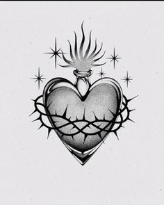 a drawing of a heart with a bird on it's head and stars around it