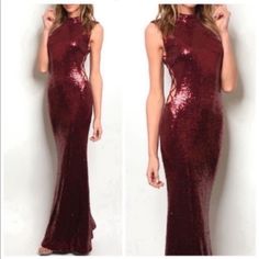 This Beautiful Wine Colored High Neck Gown Would Be Perfect For Any Special Occasion. The Cutout Sides Are Stunning. This Dress Will Be So Flattering!! Burgundy Floor-length Maxi Dress For Prom, Fitted Burgundy Prom Maxi Dress, Fitted Burgundy Maxi Dress For Prom, Fitted Burgundy Dress For Prom Season, Glamorous Fitted Burgundy Dress, Red Fitted Gown For Party Season, Fitted Burgundy Evening Dress, Fitted Sleeveless Burgundy Evening Dress, Red Full-length Party Dress