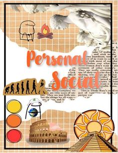 a poster with the words, personal social and various pictures on it's side