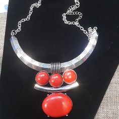 Silver And Red Necklace Red Metal Necklaces For Party, Red Choker Necklaces For Formal Occasions, Trendy Red Round Jewelry, Red Choker Necklace For Formal Occasions, Formal Red Choker Necklaces, Formal Red Choker Necklace, Trendy Red Metal Necklaces, Trendy Red Metal Necklace, Trendy Red Choker Necklace