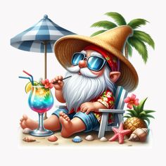 a cartoon character sitting on the beach with a drink and cocktail in front of him