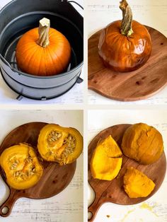 four pictures showing how to roast a pumpkin in an air fryer with the words roast a pie pumpkin in your air fryer