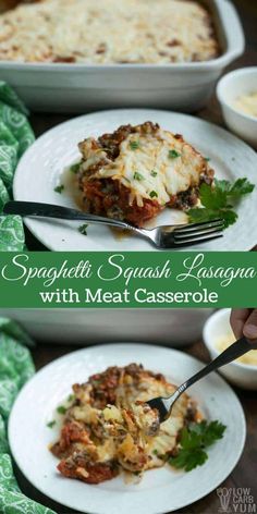 spaghetti and squash lasagna with meat casserole is shown in two white plates