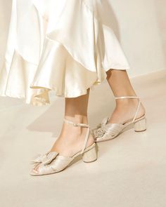 Dahlia White Pleated Bow Heel l Heeled Sandals l Footwear Loeffler Randall Shoes, White Champagne, Organza Top, Mid Heel Sandals, Feminine Blouses, Bow Heels, Beautiful Gift Wrapping, Woven Bracelets, Loeffler Randall