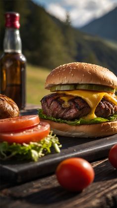 a cheeseburger with lettuce and tomatoes on a picnic table