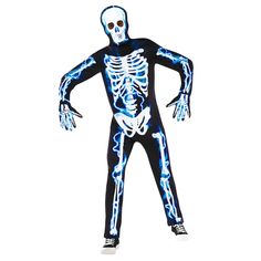 a skeleton costume with blue and white lights