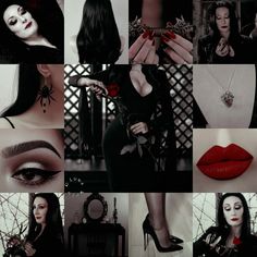 a collage of photos with red lipstick and black makeup