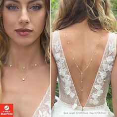 the back of a woman's dress is shown with pearls and gold necklaces