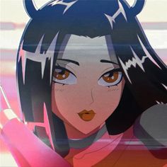 an anime character with horns on her head and brown eyes looking at the camera,