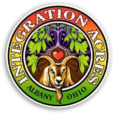 the logo for an animal sanctuary is shown in this circular sticker, which features a ram's head and leaves