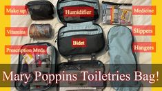 many poppin's toiletries bag are laid out on a bed with the words, mary poppins toilets bag