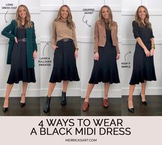 Midi Dress Jacket Outfit, 1 Dress Multiple Outfits, Fall Black Midi Dress Outfit, Cardigan For Black Dress, Midi Black Dress Outfit Winter, Long Black Dress Casual Winter, Black Midi Dress Street Style, Styling Dresses For Fall, Midi Dress With Jacket Outfit