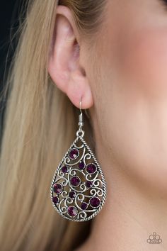 Varying in size, glittery purple rhinestones are sprinkled along a silver filigree backdrop for a whimsical look. Earring attaches to a standard fishhook fitting.

Sold as one pair of earrings. Bling Earrings, Wooden Bracelet, Box Accessories, Purple Earrings, Filigree Earrings, Purple Rhinestone, Paparazzi Accessories, Seed Bead Necklace, Paparazzi Jewelry