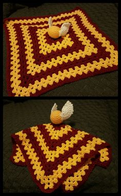 crocheted blanket and potholder with two birds on it, one is yellow and the other is red