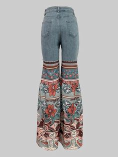 Flared Pants Floral Printed High-Waisted Pockets Jean Pants Bottoms Bohemian High Waist Jeans For Fall, Fall Bohemian High-waist Jeans, Bohemian Denim Blue Bottoms For Fall, Retro Baggy Full-length Bottoms, Retro Baggy Wide Leg Bottoms, Retro Baggy Wide-leg Bottoms, Retro Full Length Baggy Bottoms, Retro Full-length Baggy Bottoms, High Waist Multicolor Denim Pants