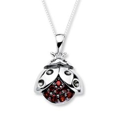 Feel lucky all the time with this charming ladybug necklace. Crafted in sleek sterling silver, this pendant features glowing garnets that cover the body of the little bug. Suspended from an 18-inch sterling silver box chain, the necklace is secured with a lobster clasp. Ladybug Necklace, Ladybug Jewelry, Jewelry Advice, Garnet Necklace, Kay Jewelers, White Necklace, Silver Box, Silver Engagement Rings, Accessories Jewelry Necklace