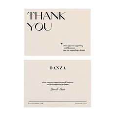 two thank cards with the words'thank you'in black and white on them